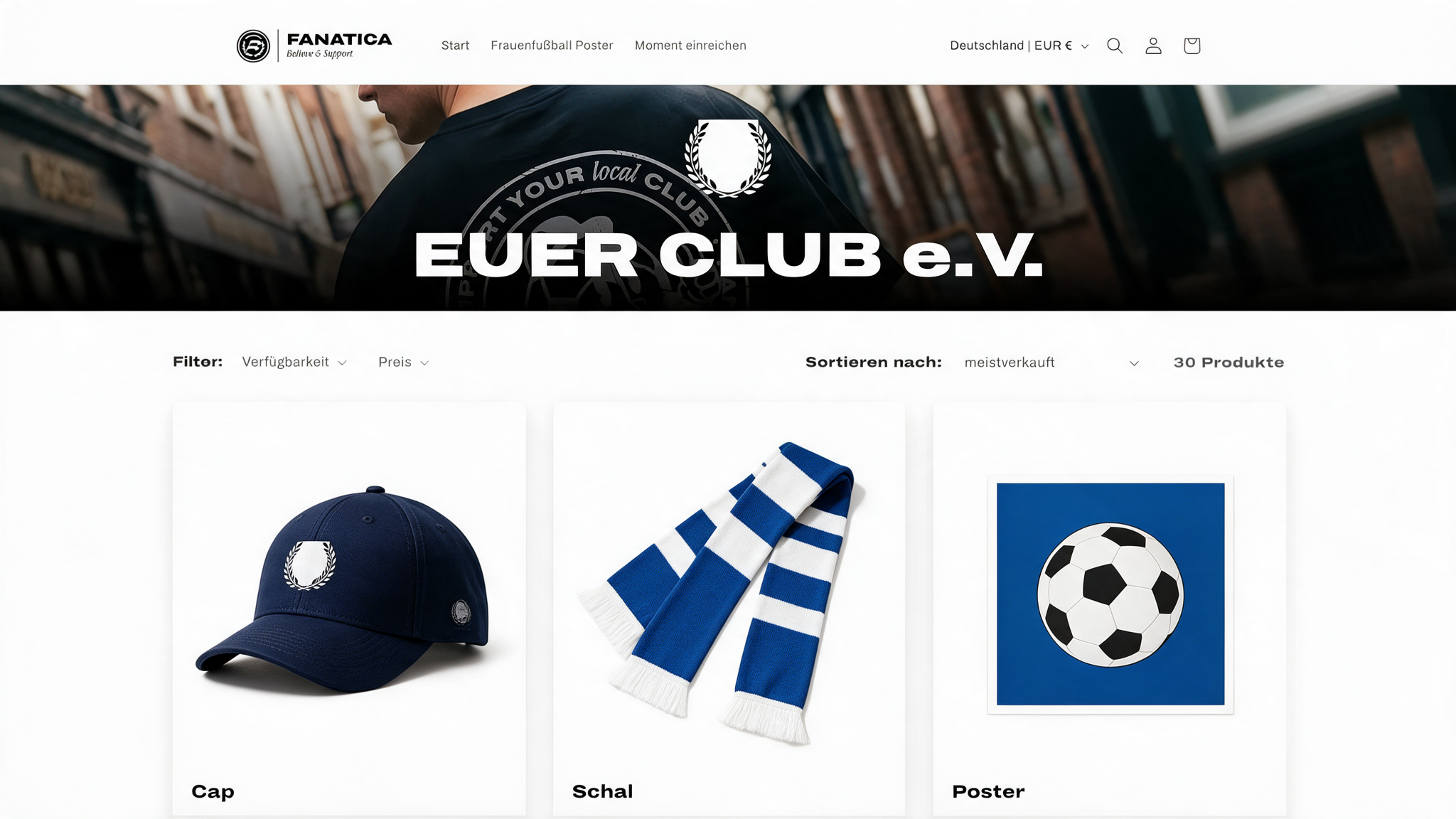 Vereinseigener ClubMerch-Shop mit Cap, Schal und Poster